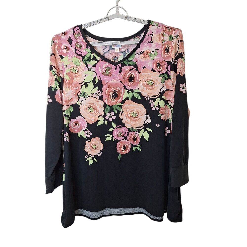 LulaRoe Elizabeth L/S Tunic Shirt 3XL Black Pink Rose Print V Neck Stretch Knit